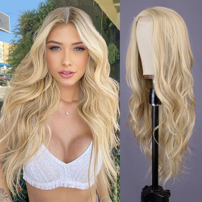 Photo 1 of Mixed Blonde Long Wave Wig for Women -26inch Middle Part Long Curly Wig Heat Resistant Synthetic Hair Looking Natural, Fiber Wig for Daily Party Use
