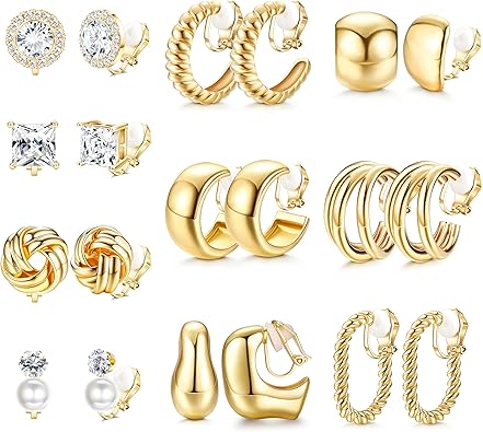 Photo 1 of FIBO STEEL 10 Pairs Clip On Earrings for Women Non Pierced Ears CZ Pearl Knot Twist Chunky Hoop and Studs Earring Set Ear Clips Jewelry 14K Gold Plated