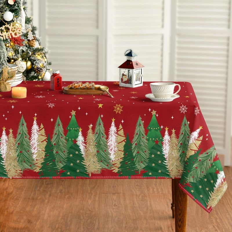 Photo 1 of Horaldaily Christmas Tablecloth 60×84 Inch Rectangular, Christmas Trees Red Washable Table Cover for Party Picnic Dinner Decor