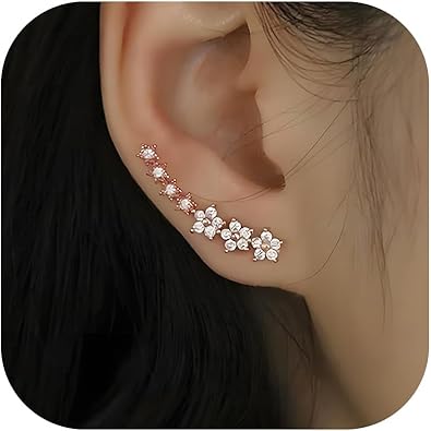 Photo 1 of Flower Ear Climbers Earrings For Women, 925 Silver Needle Dainty Cz Star Shiny Stud Cuff Crawler Earrings For Bride Wedding Christmas Jewelry Gift