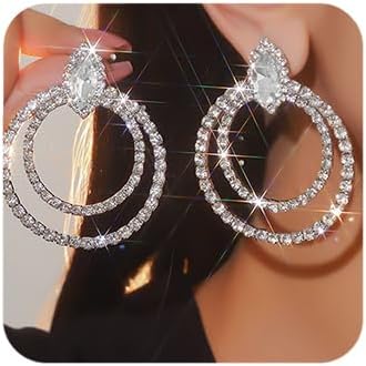 Photo 1 of Octwine Boho Women Silver Large Hoop Rhinestone Earrings Sparkly Rhinestone Circle Earrings Silver Statement Earrings Bridal Wedding Prom Bar Rhinestone Hoop Earrings for Women