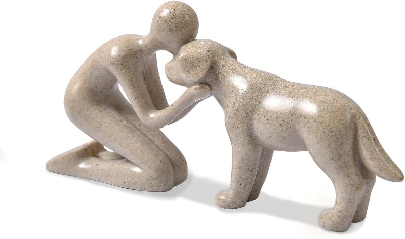 Photo 1 of Dog Sculpture Decoration Cute Man and Dog Statue Home Decor for Office?Living Room?Bedroom?Shelf Home? Memory Gifts for Pet Lovers (Sandstone)

