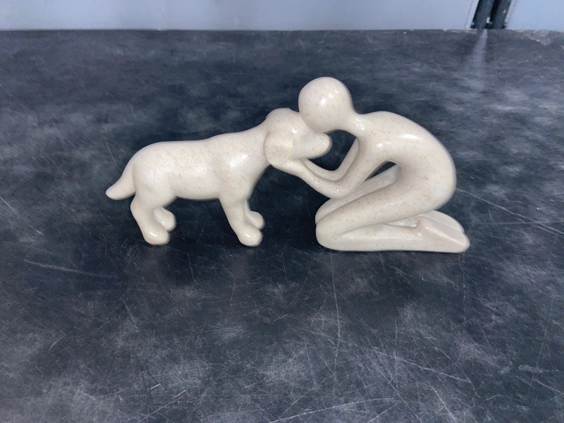 Photo 1 of Dog Sculpture Decoration Cute Man and Dog Statue Home Decor for Office?Living Room?Bedroom?Shelf Home? Memory Gifts for Pet Lovers (Sandstone)
