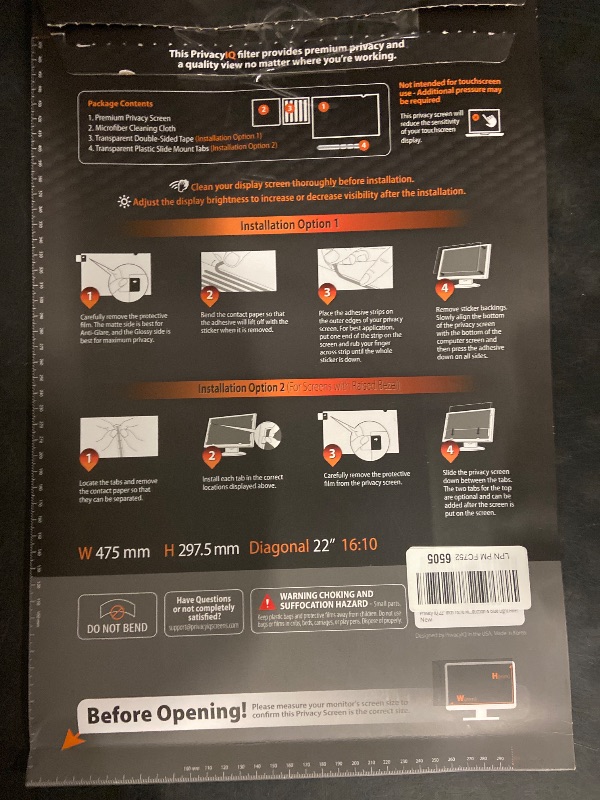 Photo 1 of 22 Inch - 16:10 Aspect Ratio - Computer Privacy Screen Filter for Widescreen Monitor - Anti-Glare - Anti-Scratch Protector Film - Protects Your Eyes from Harmful Glare and Blue Light
