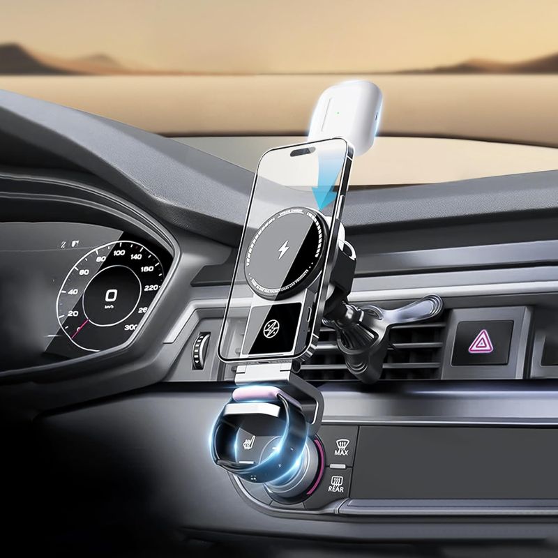 Photo 1 of 3 in 1 Wireless Car Charger, 15W Fast Charging Phone Holder Foldable Magnetic Mount Fit for All iPhone Android Phone, iWatch, Airpods Wireless Earphone
