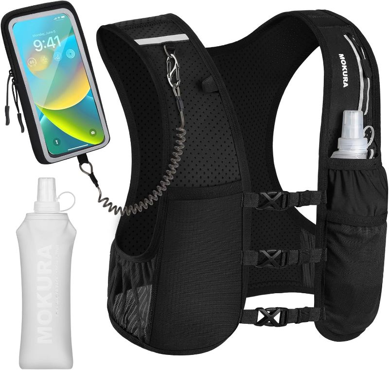 Photo 1 of MOKURA Running Vest for Women Men, Reflective Hydration Vest with 500ML Soft Flask and Phone Holder, Adjustable Running Backpack, Lightweight Run Pack Water Bottle, Runner Marathon Essentials
