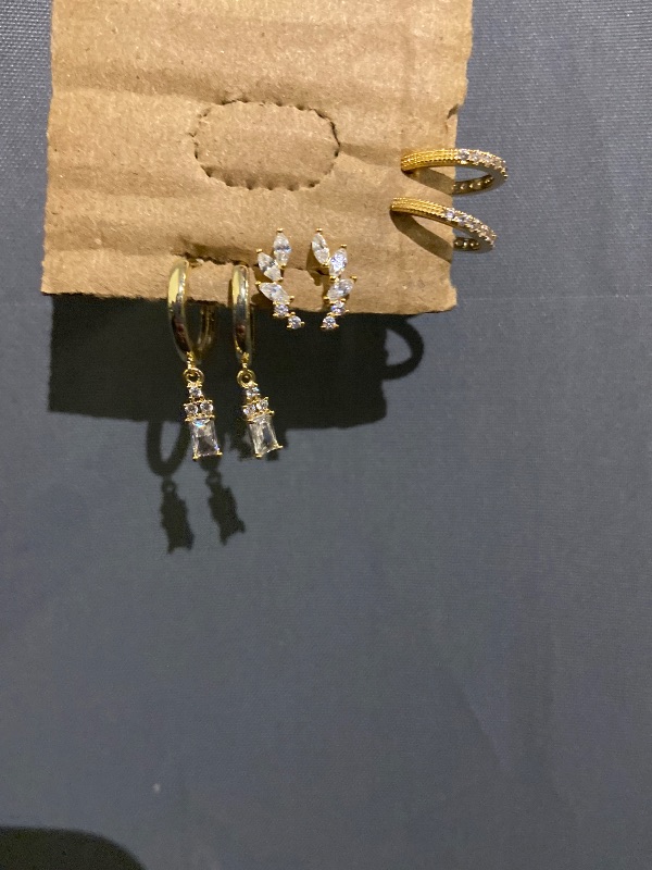 Photo 1 of 3pk Gold Earring & Cuff for Women Non Piercing - Clip on Cartilage Earrings Dainty 14K Gold Sterling Silver Plated Cubic Zirconia Huggie Hoop Earring for Women No Tarnish Trendy Jewelry Set