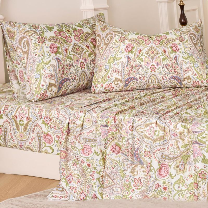 Photo 1 of (K) Pink Paisley Floral Bed Sheets Set 100% Cotton Percale Sheets King Size Green Leaves Printed Boho Sheets, Soft & Breathable Shabby-Chic Luxury Vintage Deep Pocket Fitted Sheet 17.5" 4 Pcs
