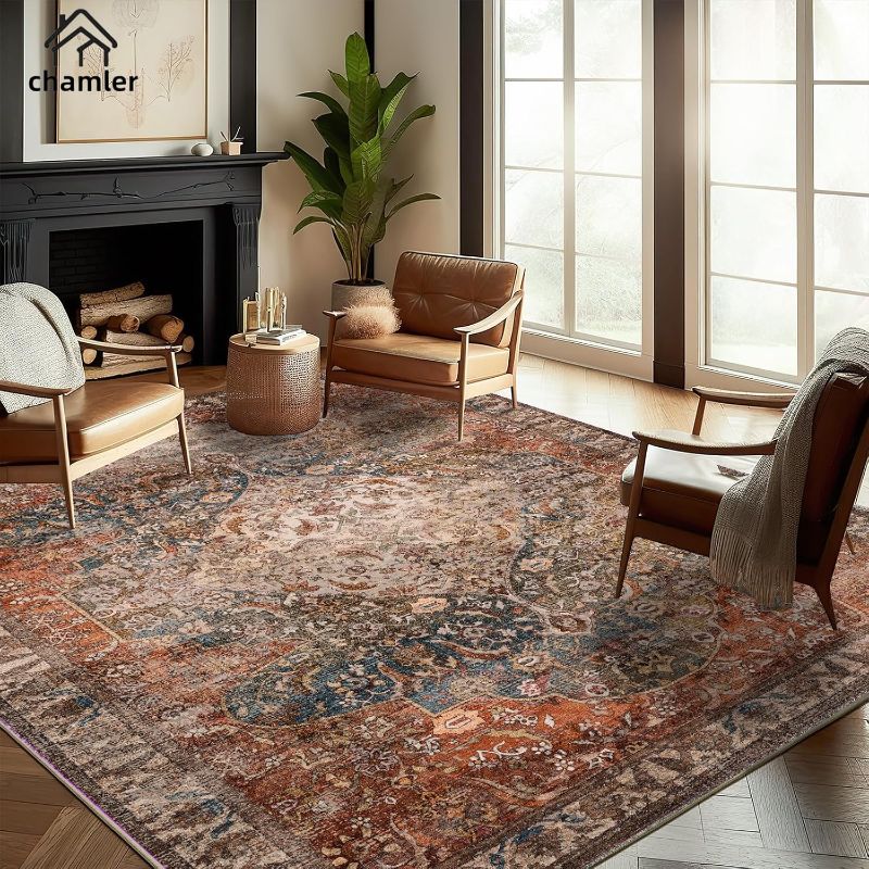 Photo 1 of 9x12 Washable Area Rug Boho Chic Medallion Distressed Design Non-Shedding Easy Care Ideal for High Traffic Areas in Rug for Living Room Bedroom Office Coffee Table Large Carpet