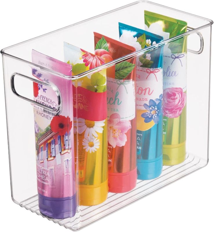 Photo 1 of mDesign Tall Modern Stackable Plastic Storage Organizer Bin Basket with Handles for Bathroom Vanity Organization - Shelf, Cubby, Cabinet, or Closet Organizing Decor - Ligne Collection - Clear
