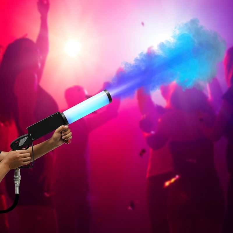 Photo 1 of CO2 Handheld Fog Gun Smoke Machine with LED Lights Handheld CO2 Jet Machine with 3 Meter Gas Hose, Red Green Blue Stage Effect Fogger Smoke Cannon Gun for DJ, Halloween, Party, Club, Bar
