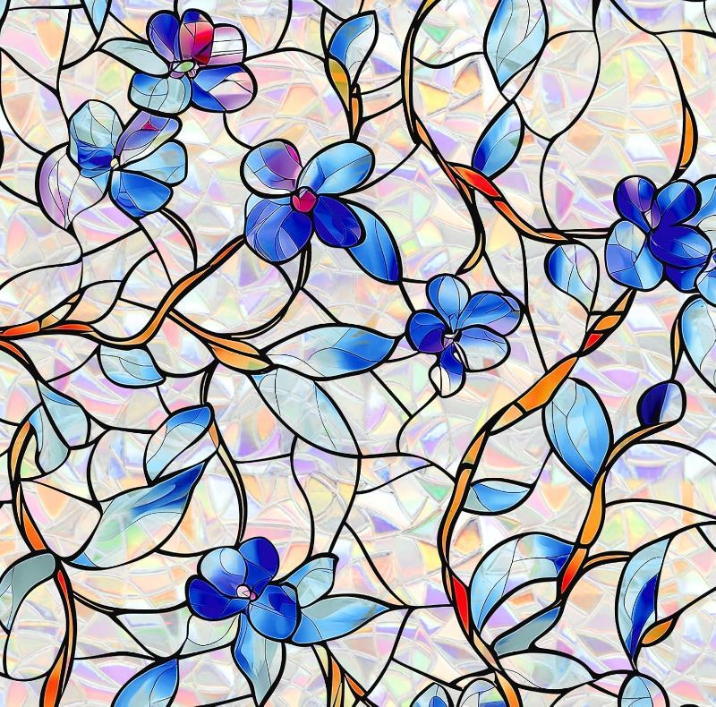 Photo 1 of 45*78.5 Window Privacy Film Stained Glass Decorations Static Clings Window Tint Stickers for Home Room Bathroom Decor Door Car Covers Sun Catchers Rainbow Vinyl Renter Friendly(Blue Violet Botanical)

