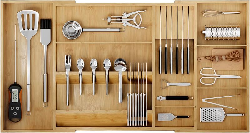 Photo 1 of Bamboo Silverware Drawer Organizer, 17.7-29.5 Inch Expandable Large Kitchen Drawer Organizer, 5-8 Slot Flatware with Removable Card Slots & Knife Block for Spoon Butter Knive, Natural