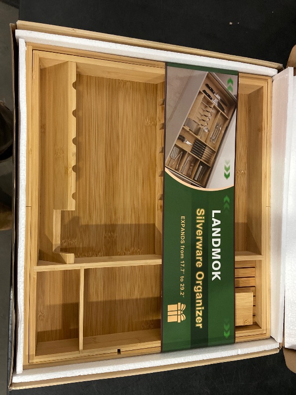Photo 1 of Bamboo Silverware Drawer Organizer, 17.7-29.5 Inch Expandable Large Kitchen Drawer Organizer, 5-8 Slot Flatware with Removable Card Slots & Knife Block for Spoon Butter Knive, Natural