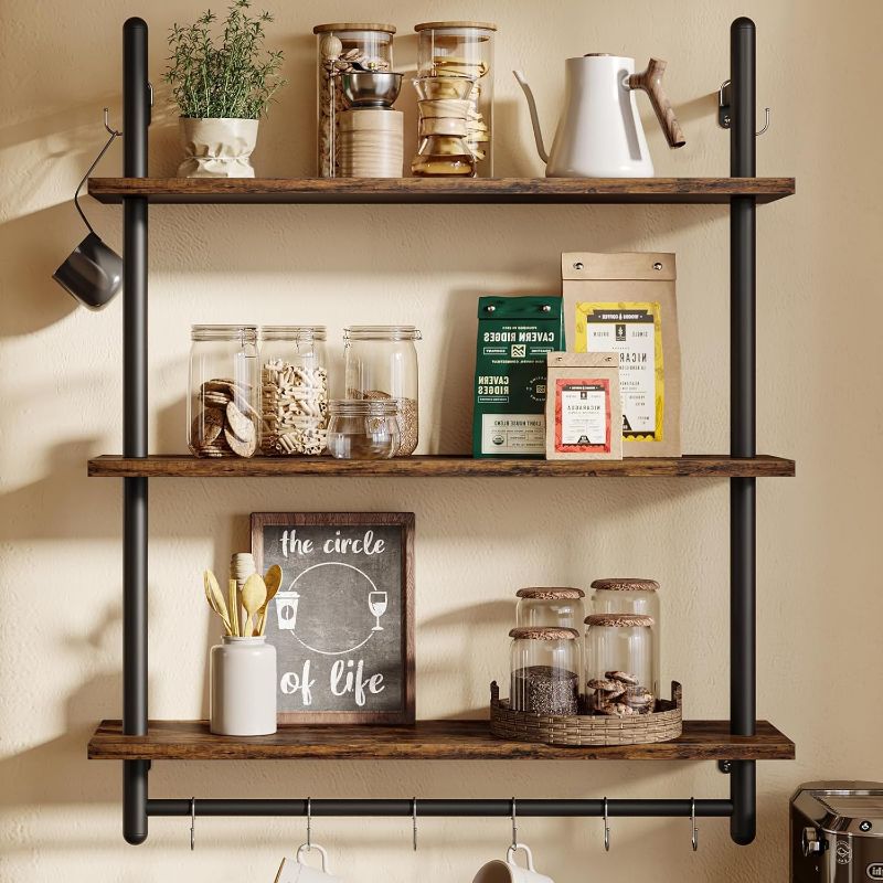Photo 1 of Bestier 3 Tier Industrial Pipe Shelving, Floating Book Shelves for Wall, Storage Hanging Shelves with Towel Bar for Bathroom Organizer Bedroom Kitchen Plants Office. 31.5 Inch Rustic Brown