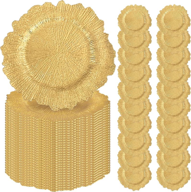 Photo 1 of 50PCS Gold Charger Plates 13" Round Charger Plates Bulk Reef Chargers for Dinner Plate Decorative Gold Chargers Plastic Plate for Wedding Party Event Baby Bridal Shower Table Decoration
