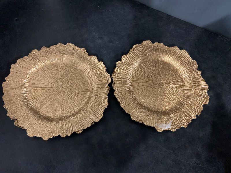 Photo 1 of 50PCS Gold Charger Plates 13" Round Charger Plates Bulk Reef Chargers for Dinner Plate Decorative Gold Chargers Plastic Plate for Wedding Party Event Baby Bridal Shower Table Decoration
