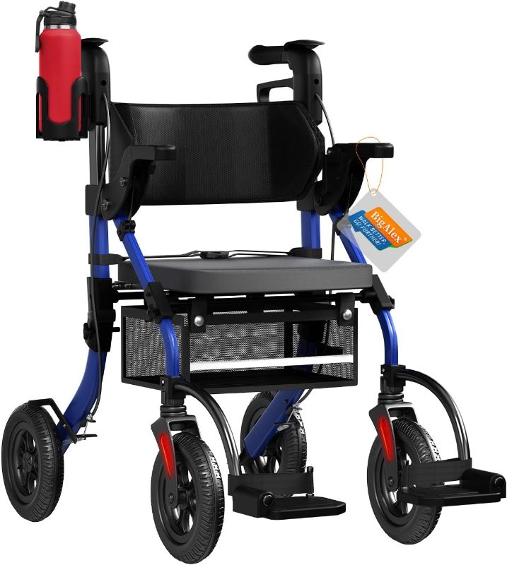 Photo 1 of BigAlex Rollator Walker with Seat,2 in 1 Rollator Walker Transport-Wheelchair,10" All-Terrain Wheel for Outdoor & Indoor Use,Wider Seat for Users,Wheelchair Combo-Lightweight,Blue
