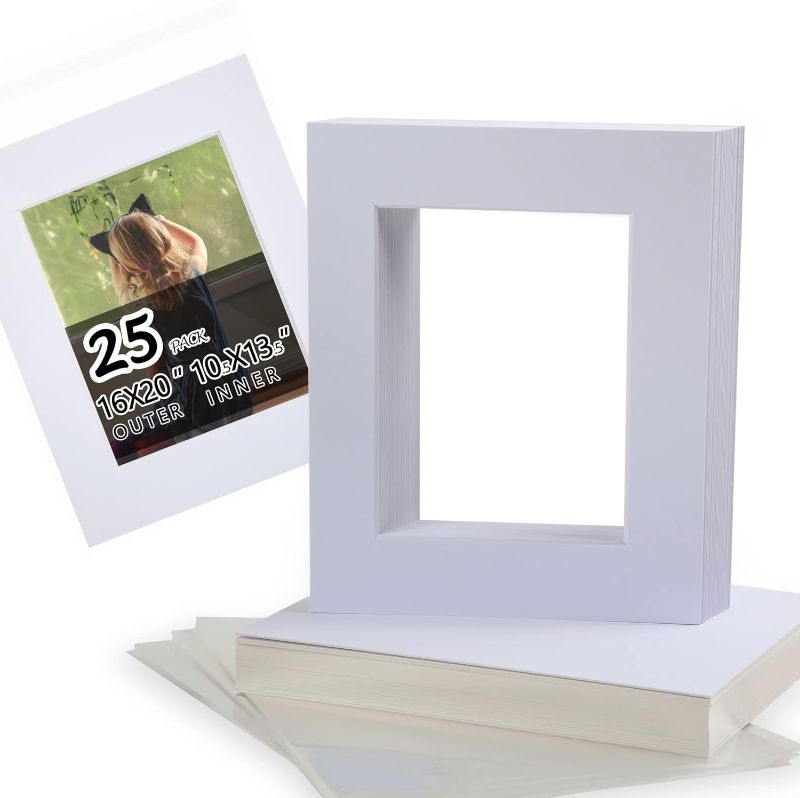 Photo 1 of Falling in Art 25 Pack Acid-Free 16x20" White Picture Mats Board Show Kit for 11x14" Pictures, 4-Ply Beveled Precut Photo Boards with Backing Boards and Plastic Clear Bags