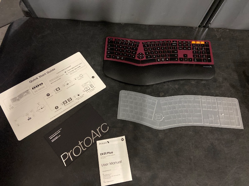 Photo 1 of ProtoArc Backlit Bluetooth Ergonomic Keyboard, EK01 Plus Full Size Wireless Split Keyboard with Dual Bluetooth and USB, Cushioned Wrist Rest, Rechargeable, Compatible with Windows/Mac, Wine Red
