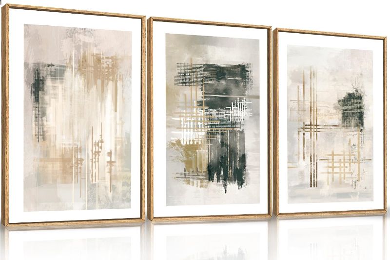 Photo 1 of Ausril Modern Abstract Canvas Wall Art Set of 3, Framed Textured Stroke Art Prints, Minimalist Neutral Artwork, Beige Black White Painting, 16x24 Inch Wall Decor for Living Room, Bedroom, Office