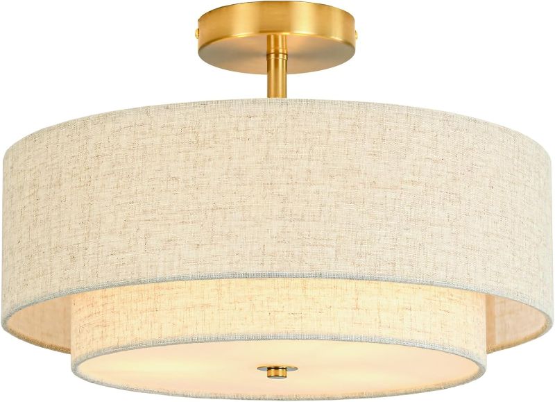 Photo 1 of 16" Semi Flush Mount Ceiling Light, 3-Light Gold Drum Ceiling Light Fixture with 2-Tier Fabric Linen Shade, Farmhouse Chandelier for Dining Room, Living Room, Bedroom, Kitchen, Hallway, Entryway
