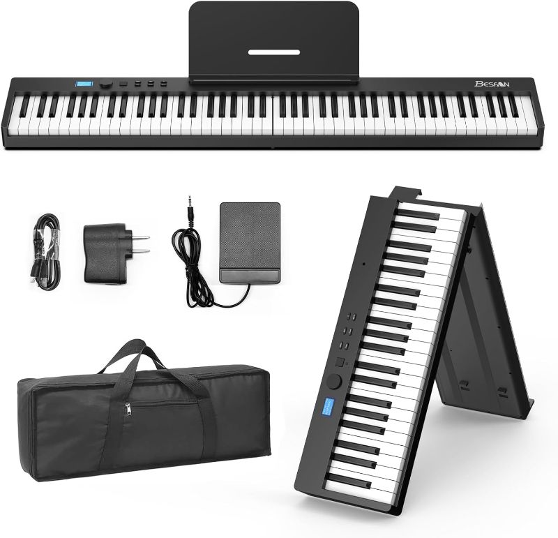 Photo 1 of BESFAN 88 Key Piano Keyboard BSP-10F Portable Folding Piano with Semi-Weighted Keys, 128 Tones, USB MIDI, Sustain Pedal, Music Stand for Beginners Gifts, Black
