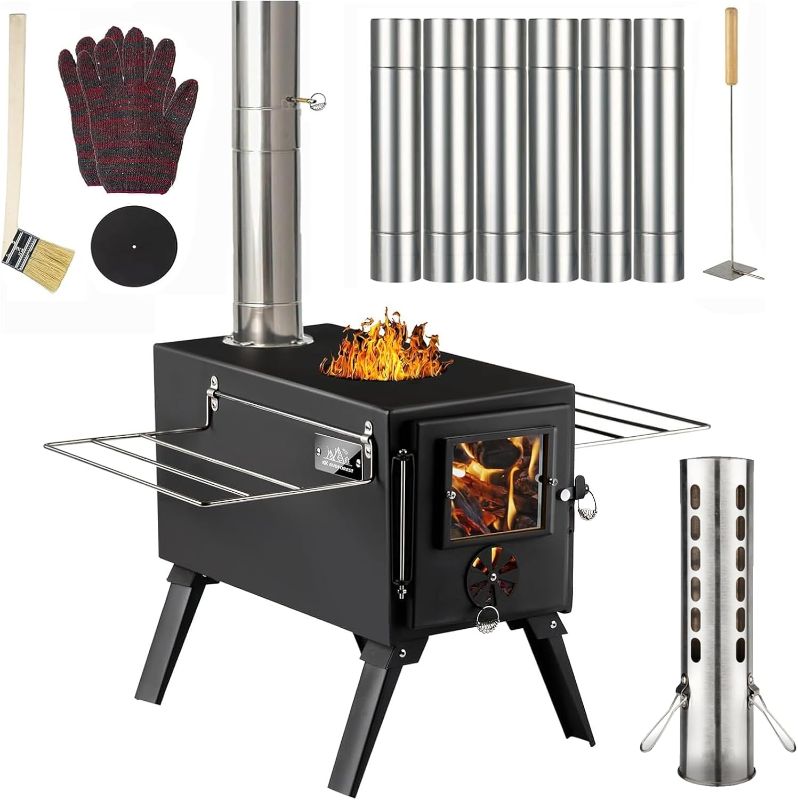 Photo 1 of Hot Tent Stove,AVOFOREST Wood Burning Stove,Small Wood Stove with 7 Stainless Chimney Pipes for Outdoor Heating & Cooking, Ice Fishing, Hunting