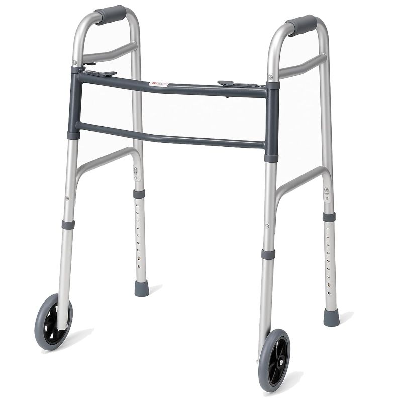 Photo 1 of Carex Folding Walker with Wheels for Seniors, Portable Medical Walker with Adjustable Height, 30-37 Inches, Mobility Aid for Adults, Elderly, and Handicapped, Foldable, Aluminum Frame, Lightweight