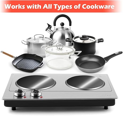 Photo 1 of Double Burner, CUSIMAX 1800W Ceramic Electric Hot Plate for Cooking, Dual Control Infrared Cooktop, Portable Countertop Burner, Glass Plate Electric Cooktop, Silver, Stainless Steel-Upgraded Version