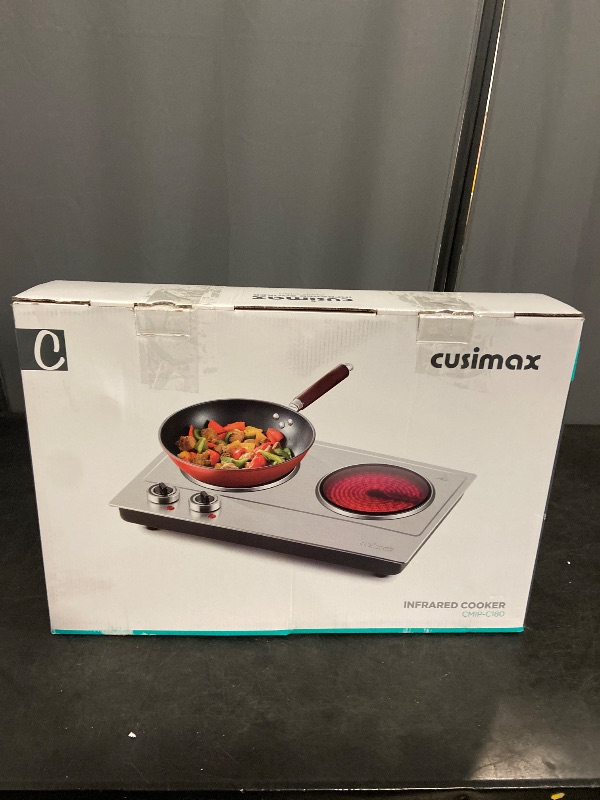 Photo 1 of Double Burner, CUSIMAX 1800W Ceramic Electric Hot Plate for Cooking, Dual Control Infrared Cooktop, Portable Countertop Burner, Glass Plate Electric Cooktop, Silver, Stainless Steel-Upgraded Version