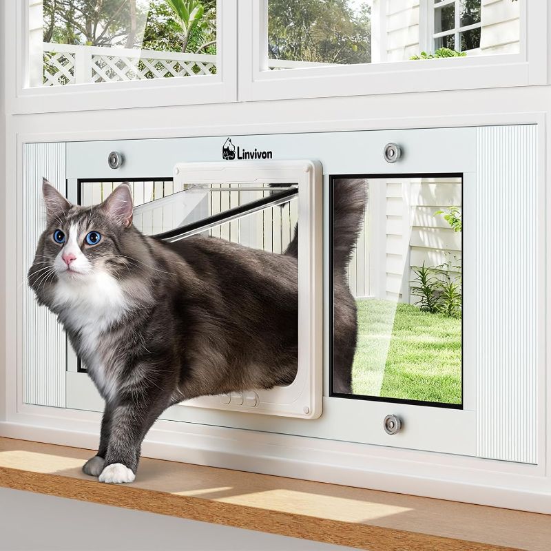 Photo 1 of Cat Door for Window, Quick Installation Adjustable Width of 27"-32", Cat Window Door with 4 Locking Modes, Magnetic Closure Design, Weatherproof Aluminum Frame Cat Door Window Insert
