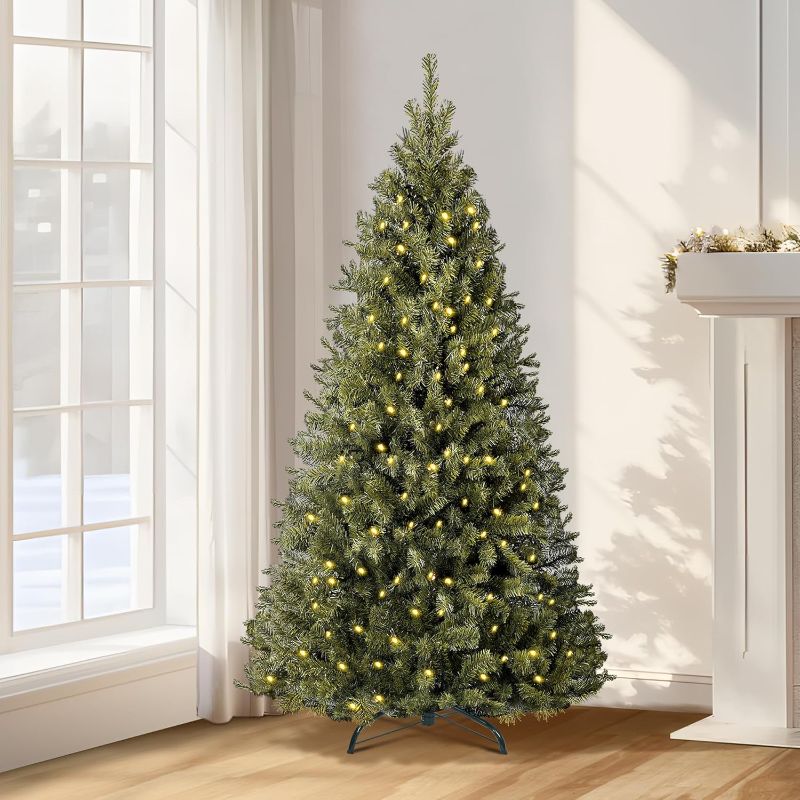 Photo 1 of Annecy 6ft Pre-Lit Christmas Tree, Green Artificial Full Spruce Christmas Tree for Home, Office, Party Decoration w/ 970 Branch Tips, 250 Warm White & Multi-Color Lights, Metal Hinges&Base,Green 6 ft