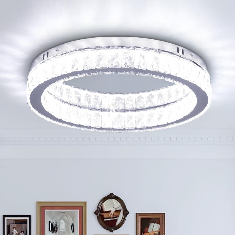 Photo 1 of Fintonglan 17.7" Crystal Flush Mount Ceiling Light Fixtures Modern Round LED Chandelier Light Fixture Ceiling Lamp for Living Room Dining Room Kitchen 48W 6000K
