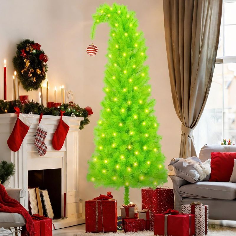Photo 1 of 6 FT Pine Needle Grinchie Christmas Tree, Top Curved 6ft Upright 7ft Lime Green Xmas Tree with Tree Skirt, Easy Setup Whimsical Artificial Christmas Tree for Christmas Decorations 5 Piece Set