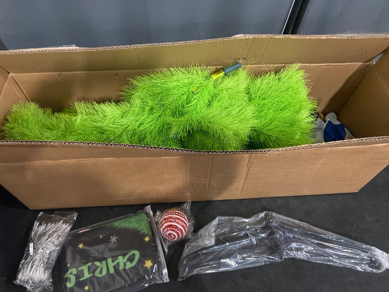 Photo 1 of 6 FT Pine Needle Grinchie Christmas Tree, Top Curved 6ft Upright 7ft Lime Green Xmas Tree with Tree Skirt, Easy Setup Whimsical Artificial Christmas Tree for Christmas Decorations 5 Piece Set