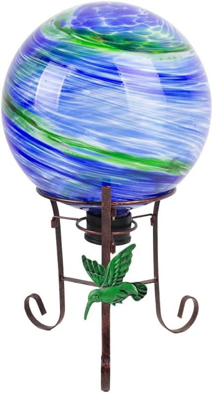 Photo 1 of 10" Diameter Gazing Ball with 8.5" Hummingbird Metal Stand Outdoor Garden Decor,Glass Globe Sphere Yard Art Decorations Outdoor,Glass Gazing Balls for Garden,Home,Lawn,Patio,Porch(Blue)
