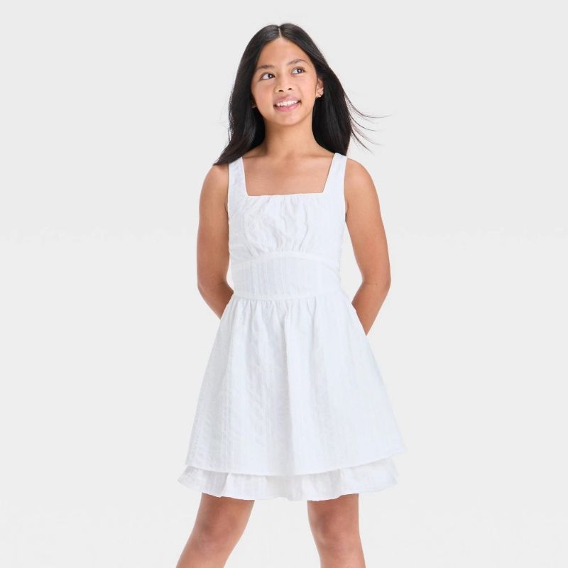 Photo 1 of XXL Girls' Ruched Fit & Flare Empire Waist Mini Dress - Art Class™ Off-White XXL: Cotton, Lightweight Jacquard Knit, Sleeveless
