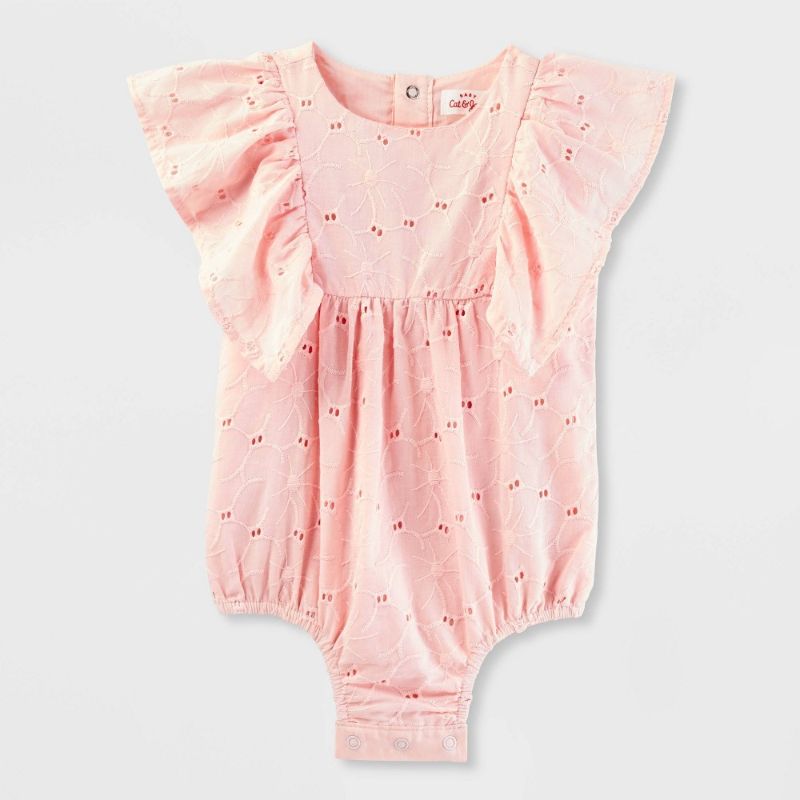 Photo 1 of 6-9M Baby Girls' Eyelet Bubble Romper - Cat & Jack™ Light Pink 6-9M: Floral Pattern, Cotton, Snap Closure