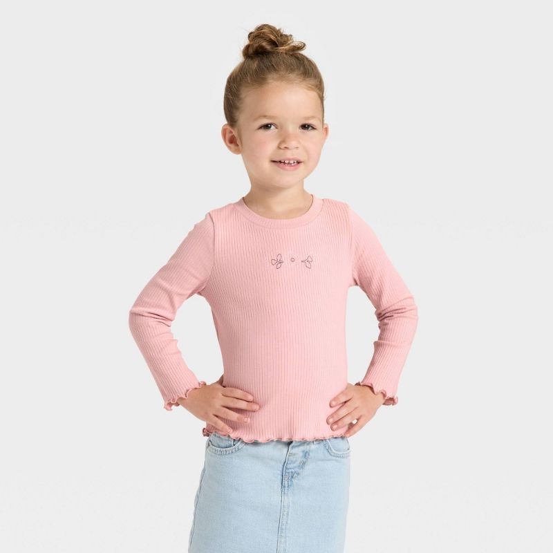 Photo 1 of 18M Toddler Girls' Long Sleeve Flower Ribbed T-Shirt - Cat & Jack™ Light Mauve 18M