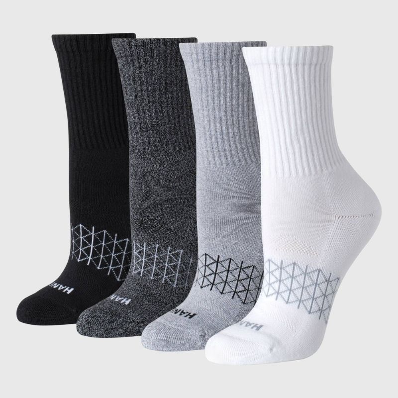 Photo 1 of Hanes Women's Absolute Active 4pk Crew Socks - White/Gray 5-9: Cotton Blend, Arch Support, Cushioned Sole, Seamless Toe