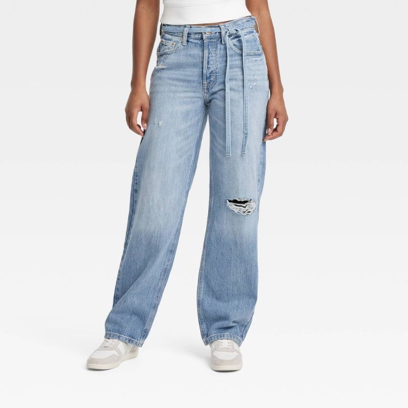 Photo 1 of Size 2 Women's Mid-Rise Tie-Waist Drawstring Baggy Jeans - Universal Thread™ Medium Wash 2: Relaxed Fit, Denim
