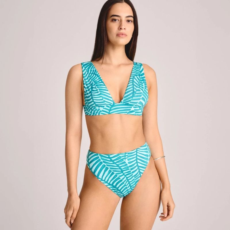 Photo 1 of M Vitamin a Women's Longline Bikini Top - Jade Print M: Botanical Leaf Pattern, Deep V Neck, Removable Padding