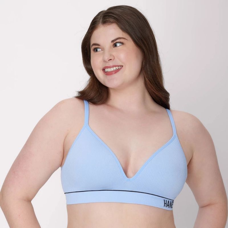 Photo 1 of Large Hanes Originals Women's Ribbed Seamless Contour Bra MHB004 - Sky Blue L: Nylon Spandex Blend, Adjustable Straps, Lightly Lined Cups