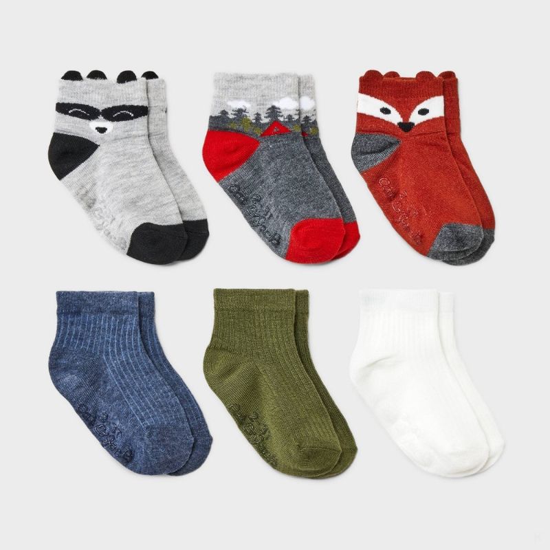 Photo 1 of 2T-3T Toddler Boys' 6pk Critter Ankle Socks - Cat & Jack™ 2T-3T: Recycled Polyester, Raccoon Pattern, Machine Washable