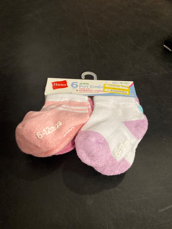 Photo 1 of 6-12M Hanes Pure Comfort Infant/Toddler Girls' Ankle Socks, Organic Cotton, 6-Pairs Assorted 6-12M
