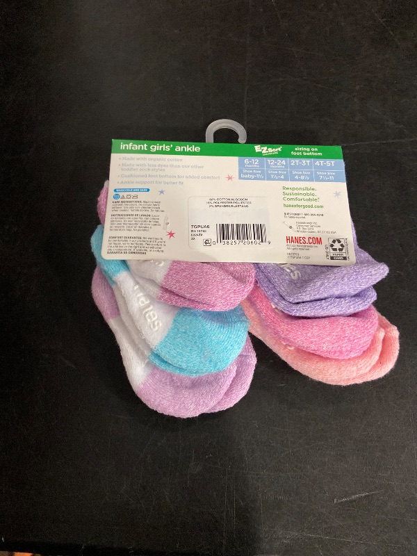 Photo 1 of 6-12M Hanes Pure Comfort Infant/Toddler Girls' Ankle Socks, Organic Cotton, 6-Pairs Assorted 6-12M