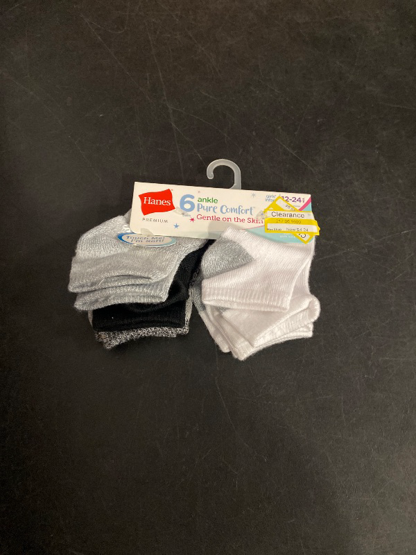 Photo 1 of 12-24M Hanes Baby Girls' 6pk Solid Socks - White/Gray/Black 12-24M: Breathable Knit Ankle Socks