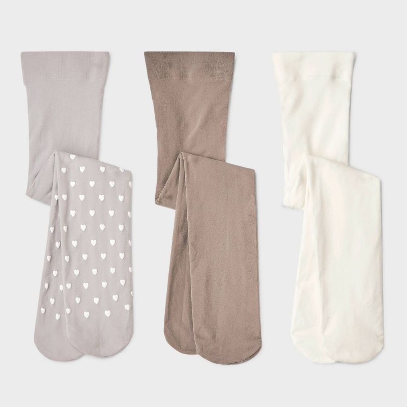 Photo 1 of 12-24M Baby Girls' 3pk 'Hearts and Solid' Printed Tights - Cat & Jack™ Taupe/Gray/Ivory 12-24M: High Waisted Knit Hosiery