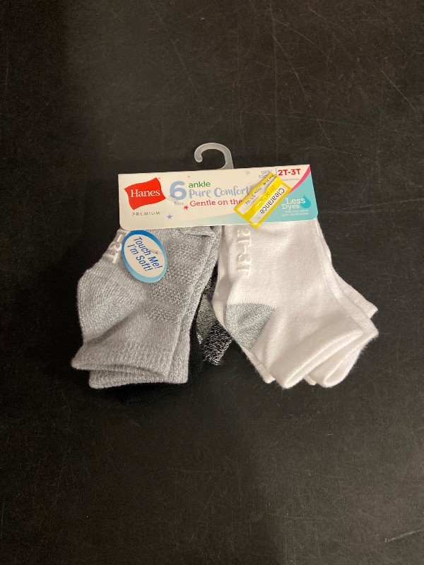 Photo 1 of 2T-3T Hanes Toddler Girls' 6pk Solid Socks - White/Gray/Black 2T-3T: Ankle, Breathable, Moisture Wicking